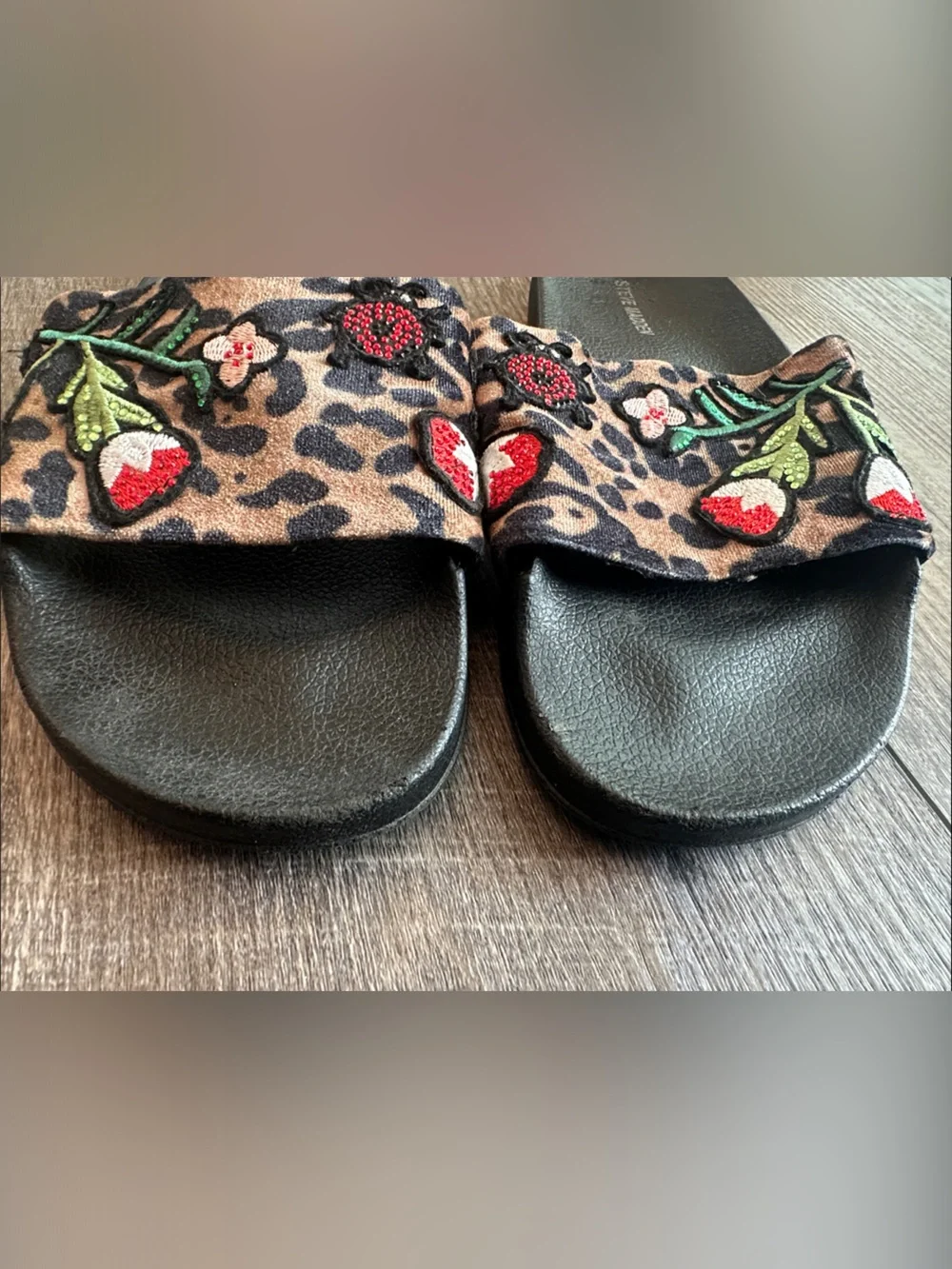 Steve Madden Leopard Slide Sandals with Strawberry Embroidery